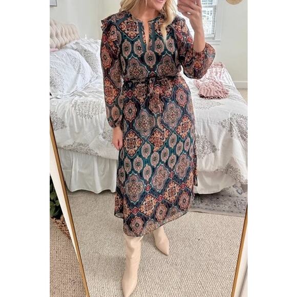 Loft Dress Women's Small Petite Tapestry Ruffle V Neck Midi Bohemian - Picture 11 of 11